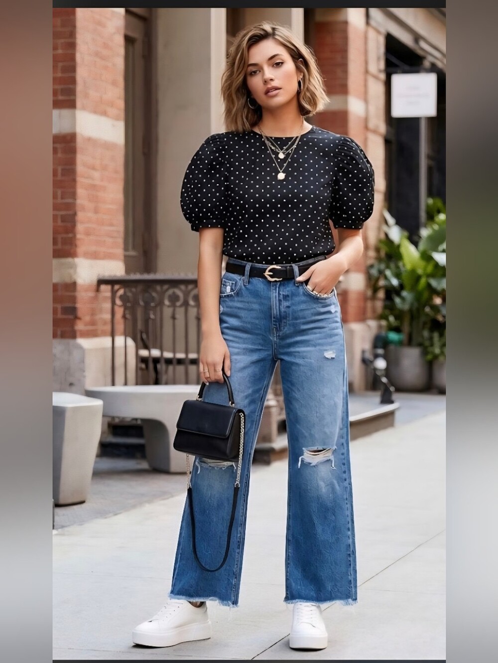 Polka Dot Puffed Sleeve Top